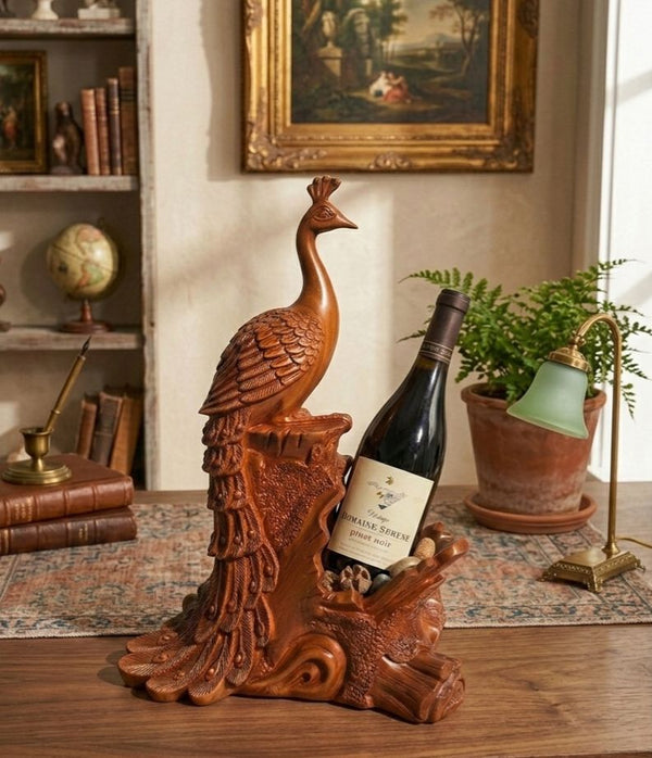 Wooden Peacock with Bottle Holder