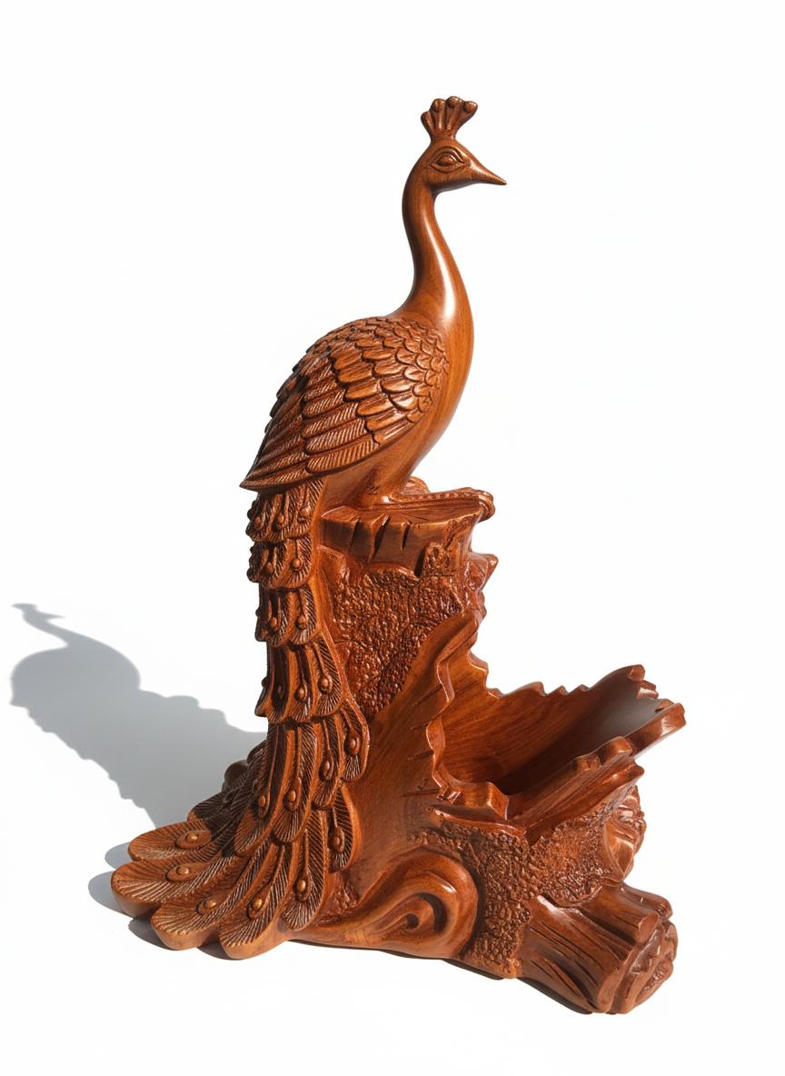 Wooden Peacock with Bottle Holder