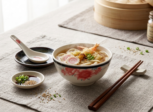 Bowl of soup with noodles and vegetables on a table with chopsticks and condiments.